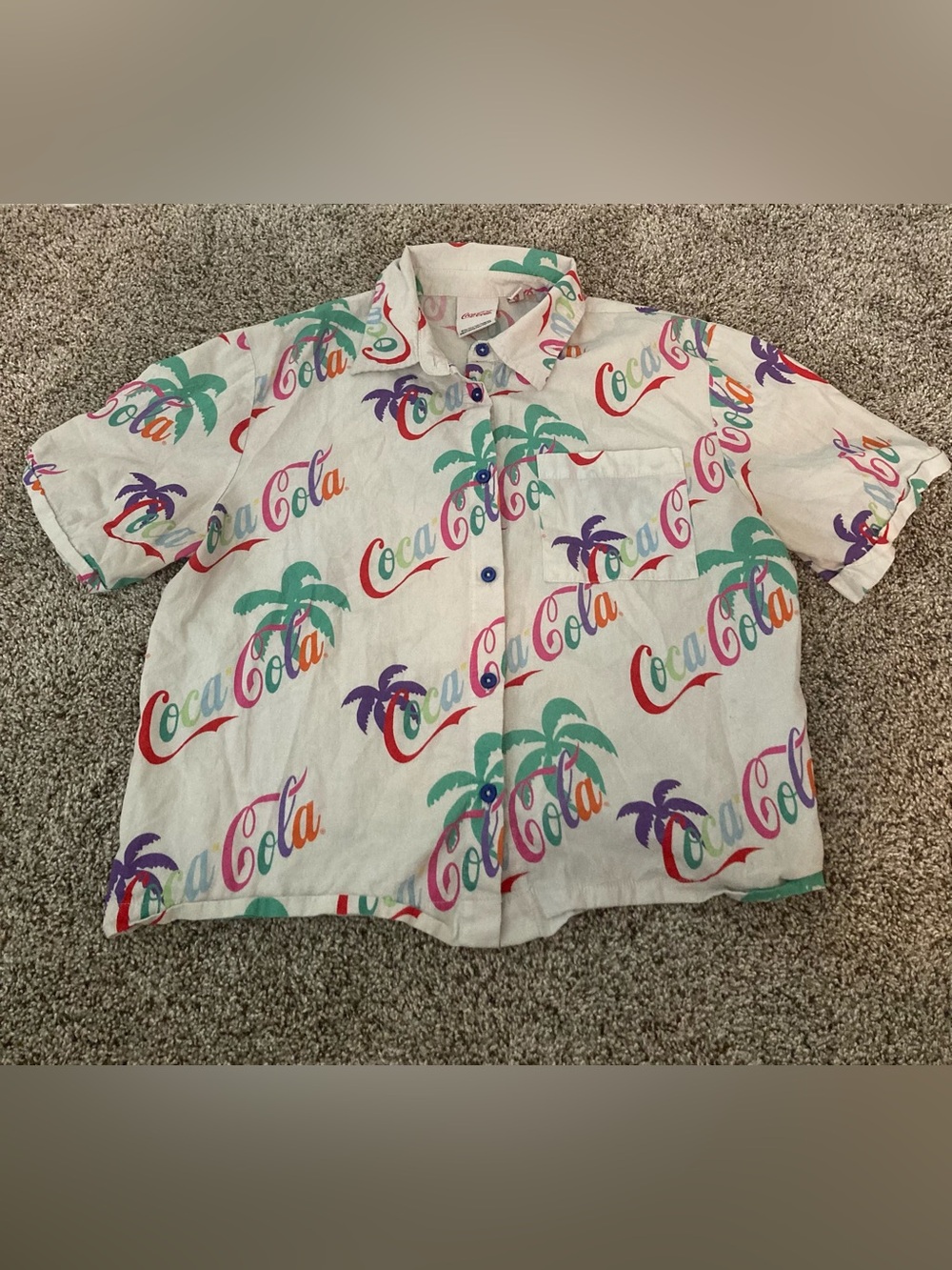 Y2K 90s Style Coca Cola Women's Logo Button Up Cropped Colorful Top Blouse M
